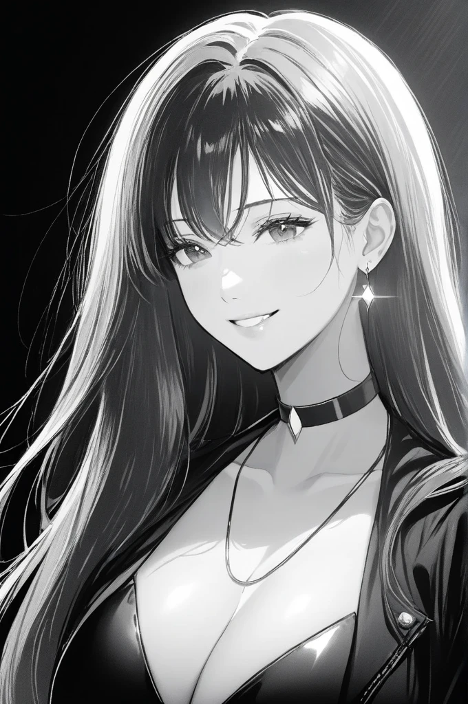 1girl, solo, long hair, smile, jacket, monochrome, greyscale, choker, head tilt, looking to the side, floating hair, looking down, breasts,(shiny skin:1.15),(mature female:1.2),shalom, Earrings