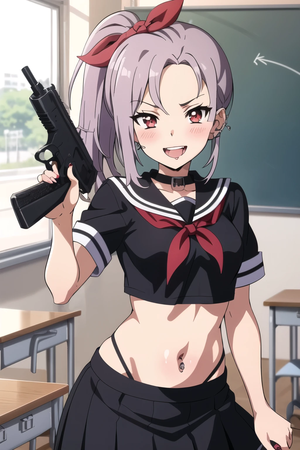 1girl, fefe, red eyes, side ponytail, ear piercing, long hair, black hair, blush, lipstick,,masterpiece, best quality, highly detailed, a anime girls in sailor uniforms with a gun posing for a picture,
evil smile, smile, open mouth,black_serafuku, ecchi anime style, anime girls ,
ecchi style, ecchi, shipgirls, digital anime art!!, high school girls, holding a gun, hold a gun, anime style 4
k, micro skirt, exposed belly, exposed navel, exposed midriff,
exposed lower belly,school, classroom, 