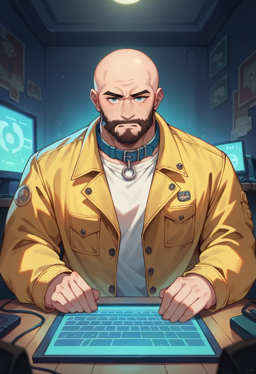 A bald guy with a short, stylish beard, Sculpted body, wearing a yellow jacket with blue neons on the collar, in his bedroom, using a computer to hack, sci fi environment, night-time, POV view