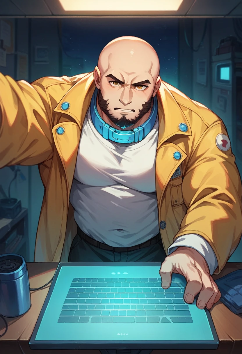 A bald guy with a short, stylish beard, Sculpted body, wearing a yellow jacket with blue neons on the collar, in his bedroom, using a computer to hack, sci fi environment, night-time, POV view