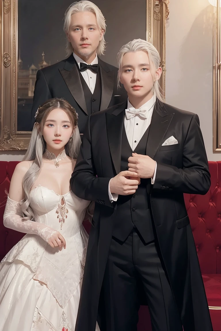 there are two people dressed in formal clothing posing for a picture, wlop and sakimichan, artwork in the style of guweiz, wlop and ross tran, wlop and andrei riabovitchev, neoartcore and charlie bowater, loish and wlop, knight and princess, loish and ross tran, with white hair