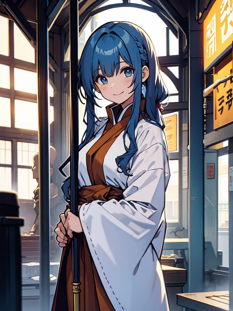 Girl, monk, blue hair, long straight hair, white clothes, monk's staff, smiling