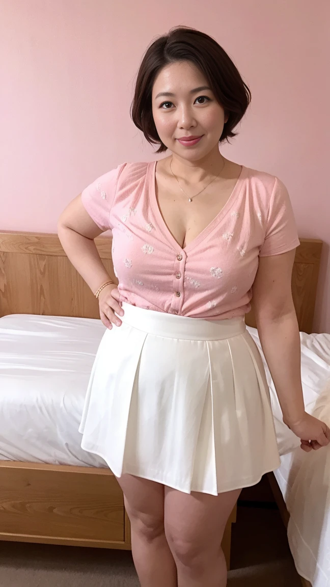 housewife, Age 30, height: 145cm, ((Bedroom)), cute, clear, Big Breasts, (Big Breasts 1.6), Big Ass, (Thick lips), Curvy body type, Beautifully styled hair, good, Pink floral mini skirt, Medium Short, ((chest:1.3))、naked