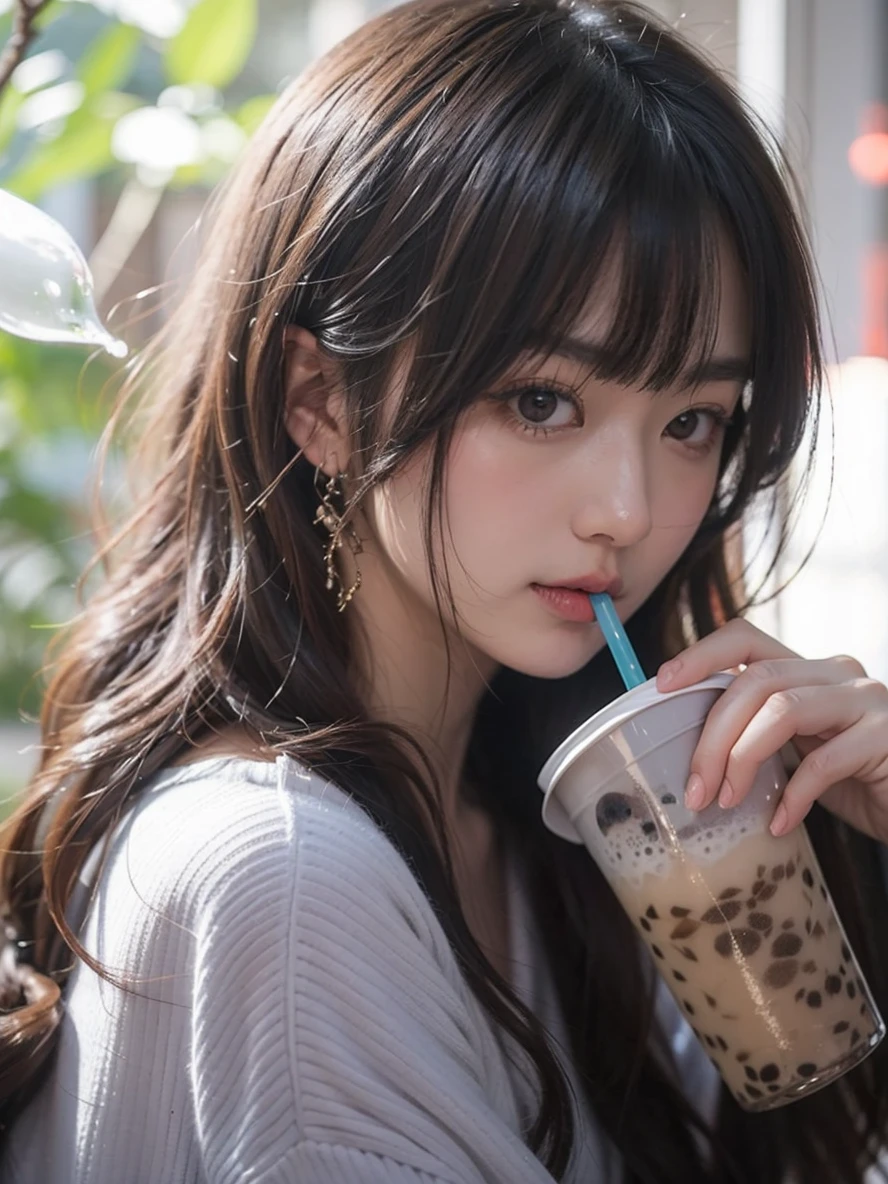 Beautiful Japanese waifu, early 30s, brunette hair, white sweater, drink from a cup of bubble tea
