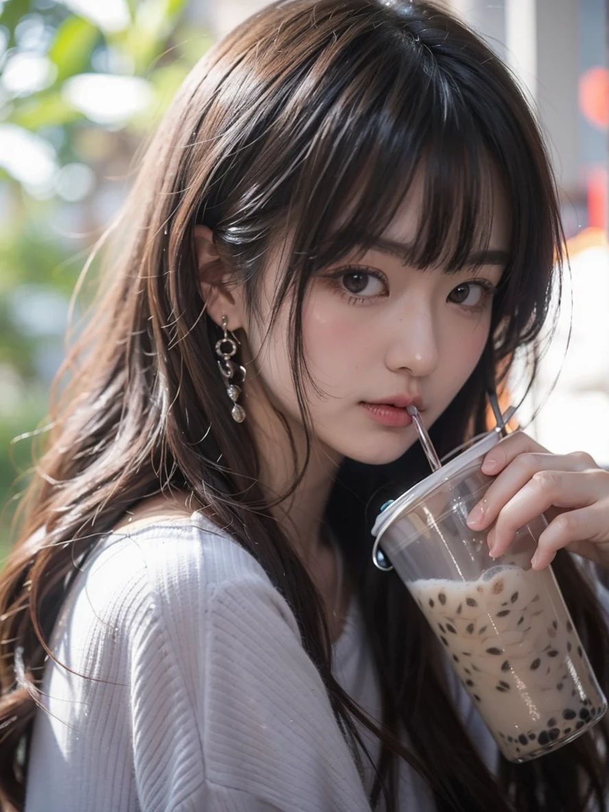 Beautiful Japanese waifu, early 30s, brunette hair, white sweater, drink from a cup of bubble tea