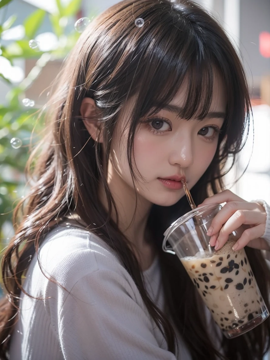 Beautiful Japanese waifu, early 30s, brunette hair, white sweater, drink from a cup of bubble tea