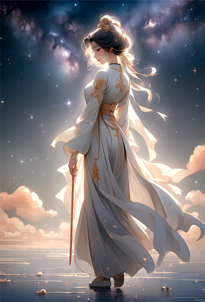 masterpiece, Highest quality: 1.4)， Detailed Background，Beautiful female fairy of ancient China、One female、Back view、Beautiful standing posture、Clouds at your feet、streamer，Gauze cloth，Floating in the air，Elevation angle of view，The Milky Way is amazing，The full moon is empty，