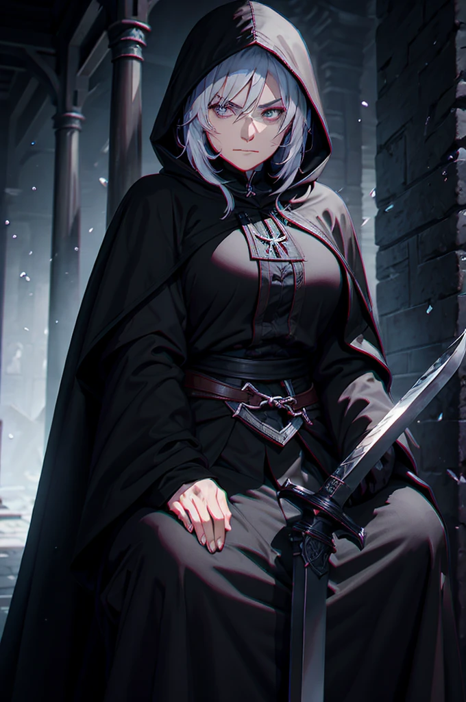 A middle-aged woman, with a black hooded cloak and a huge sword on his back, sat with a serious expression in the temple at nightPerfect details, frontal view, facing the camera, ultra-high definition, 32K, medium shot, anime style, 000068