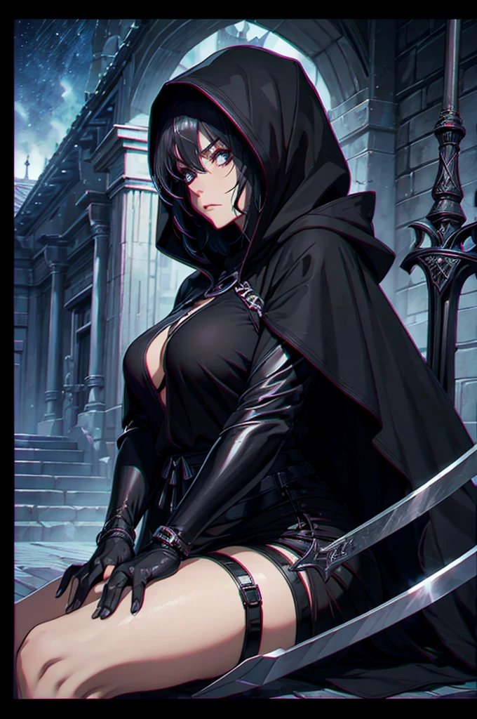 A middle-aged woman, with a black hooded cloak and a huge sword on his back, sat with a serious expression in the temple at nightPerfect details, frontal view, facing the camera, ultra-high definition, 32K, medium shot, anime style, 000068