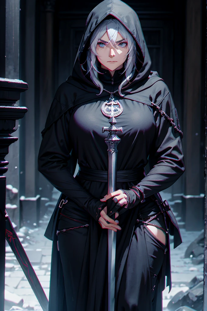 A middle-aged woman, with a black hooded cloak and a huge sword on his back, sat with a serious expression in the temple at nightPerfect details, frontal view, facing the camera, ultra-high definition, 32K, medium shot, anime style, 000068