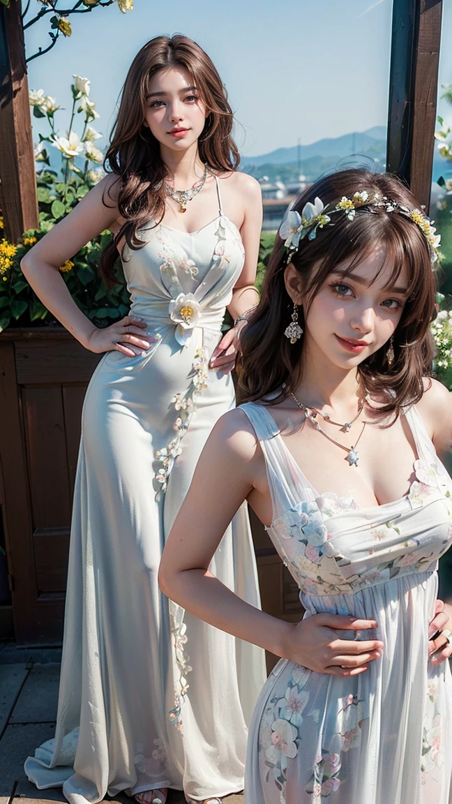 (Masterpiece, BestQuality:1.3), (ultra detailed:1.2), (hyperrealistic:1.3), (RAW photo:1.2),High detail RAW color photo, professional photograph, (Photorealistic:1.4), (realistic:1.4), ,professional lighting, (japanese), beautiful face, (realistic face), cute woman, (Brown Hair:1.5), (Big Breasts:1.2, (cheerful Smile:1.35), Trending Hair&Trending Hairカラーをランダムに, sexly, erotic sexly, (White floral maxi dress、Flower arch、Beautiful smiling woman。Wear a diamond necklace、Pose with one hand on hip。:1.4), Beautiful location, (Detailed Background))