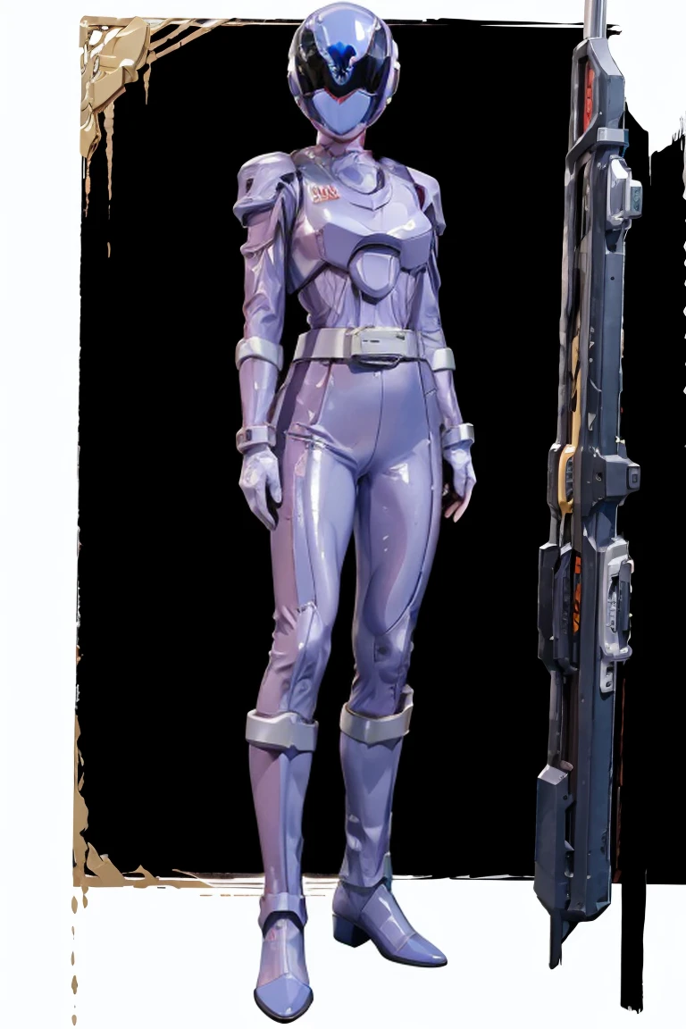 1girl, white costume, full body, Illustration, cinematic light, high resolution, best quality, ultra detailed, masterpiece, power suit, powerranger, suit, spd, (silver royal guard ranger suit), gold detail