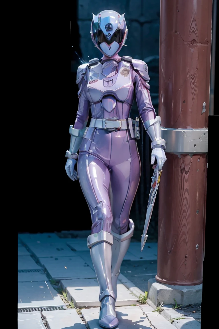 1girl, white costume, full body, Illustration, cinematic light, high resolution, best quality, ultra detailed, masterpiece, power suit, powerranger, suit, spd, (silver royal guard ranger suit), gold detail
