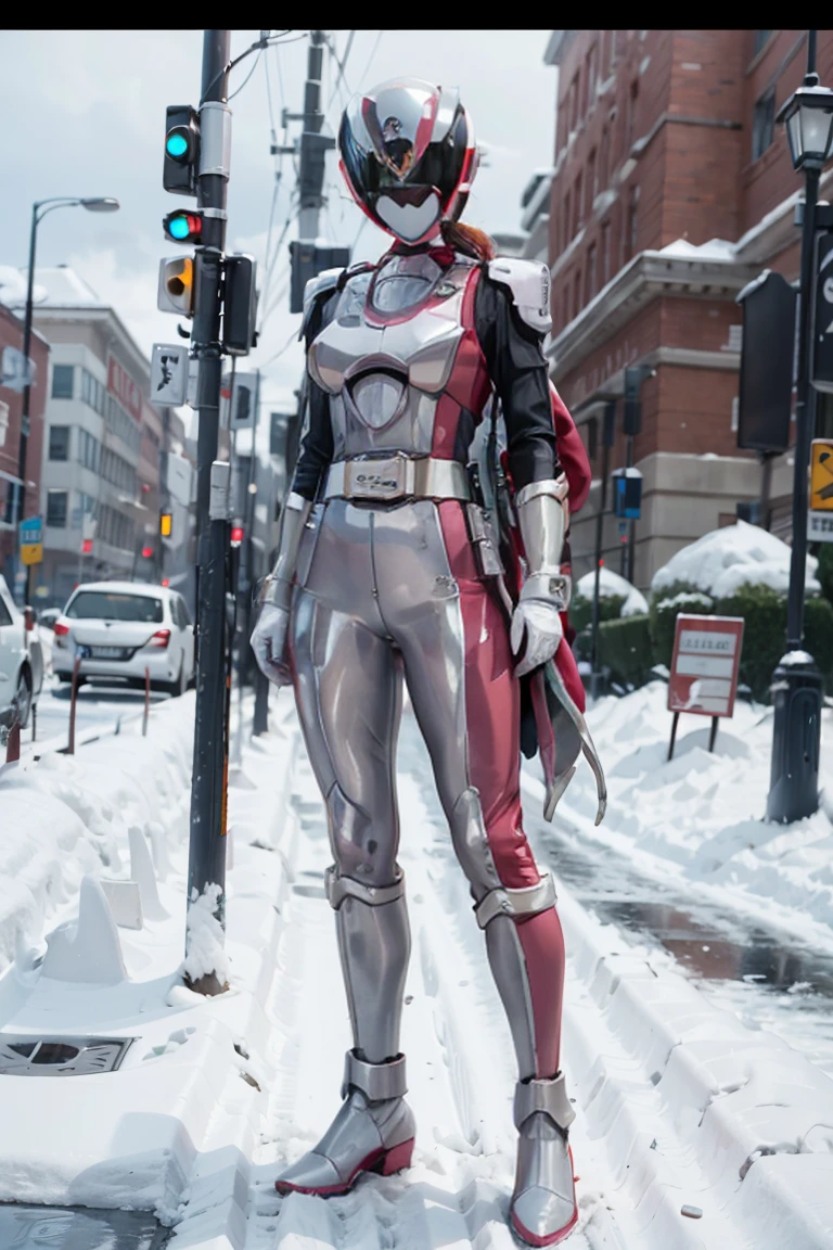 1girl, white costume, full body, Illustration, cinematic light, high resolution, best quality, ultra detailed, masterpiece, power suit, powerranger, suit, spd, (silver royal guard ranger suit), gold detail