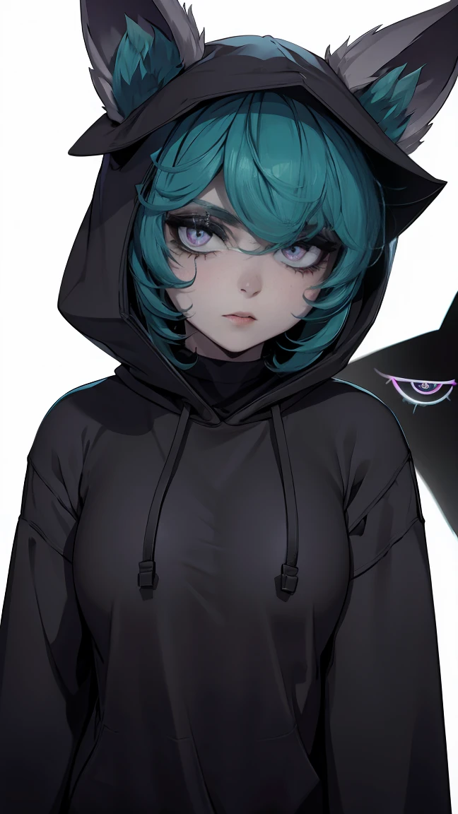 girl, large black sweatshirt, sexy pose, calm look, a dark room, evil eyes, glowing skin, Looking ahead, facial expression