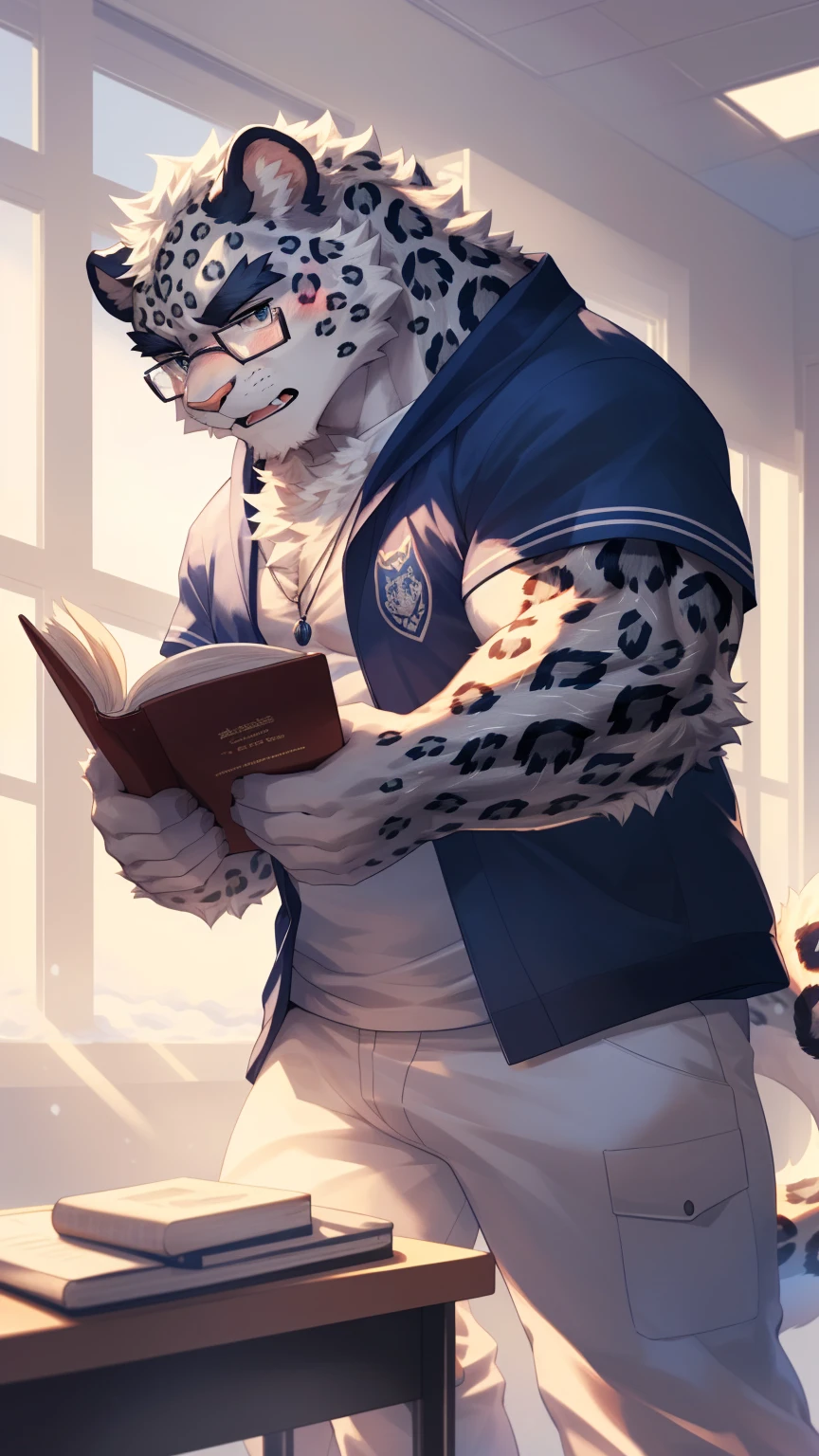 (Vision:1.5), solitary, anthropology, hairy, hairy male, snow leopard, ((Fluffy fur, Fluffy, hairy body)), (snow leopard print), (Thick eyebrows), youth, muscular, Blue-gray pupils, Detailed teeth, defaced face, fundos, student, 灰紫色student, Glasses, In classrooms, Reading, sideways, Serious expression, blush, (Dynamic poses:1.5), Clear facial features, Strong, majestic, alone, panoramic, Fog atmosphere, early morning, Tyndall light effect, In classrooms, Sunlight through the window(By Empty Ghost, From snow leopard20, masterpiece, high quality, high resolution,8K)
