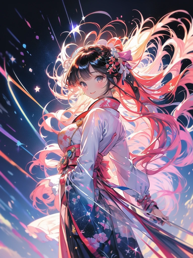 Masterpiece, Orihime (Hanfu,medium breasts,cutesmile,cuteHanfu,extreme beauty, cute),Hikoboshi(Hanfu,handsome, cool), Tanabata, background Milky Way, star-filled sky. shining stars, twinkling stars, summer triangle (Orihime star, Hikoboshi, star Choboshi) Bright stars, beautiful stars, starry sky, spectacular scenery} Orihime andHikoboshi face eachother and are happyto be reunited.Orihime and Hikoboshi are in the Milky Way