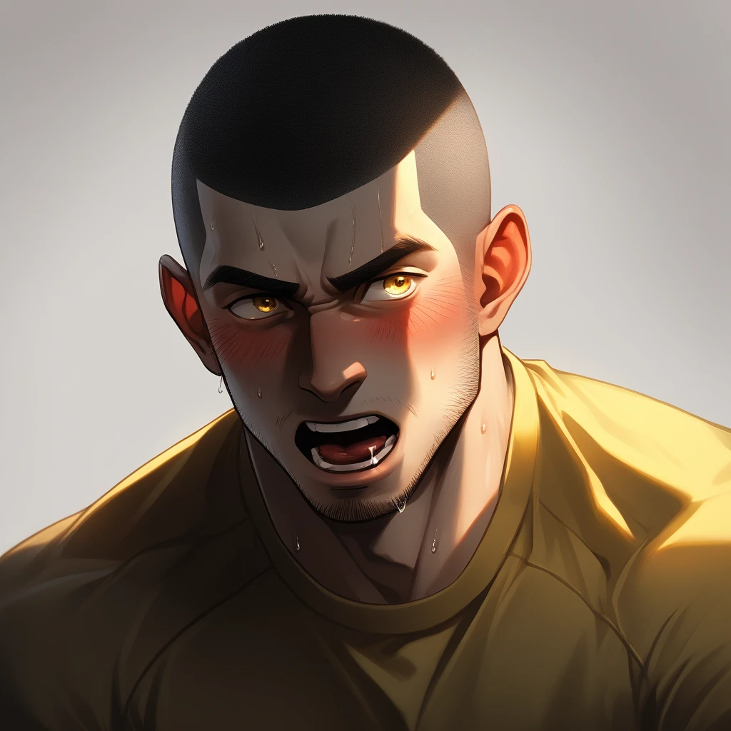 1muscular sportsman, Athlete, male focus, Buzz Cut, Yellow and black tight T-shirt, One, Very tight, muscular male, muscular, only, Upper body, alone, look to the side, short hair, stubble, sweat, black hair, Yellow eyes, open lips, White background, simple background, amazing quality, best aesthetics, Ridiculous, crew cut, moaning, blush, saliva trail, chiaroscuro, cinematic lighting, best quality, textured skin
