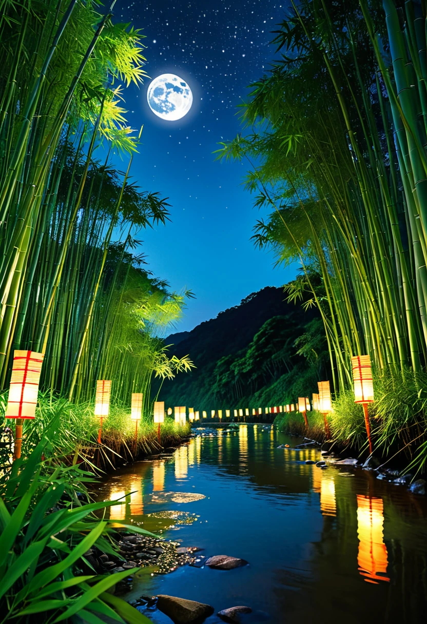 "Tanabata Night、Under the shining starry sky、Bamboos decorated with many strips of paper are swaying along the bank of a stream surrounded by bamboo forest.。Colorful wishes are written on the strips of paper.、The sound of bamboo rustling in the wind brightens up the quiet night。A small lantern floats on the river、A faint light reflects on the water。In the background、Distant Mountain々And the full moon appeared、It creates a romantic atmosphere。"