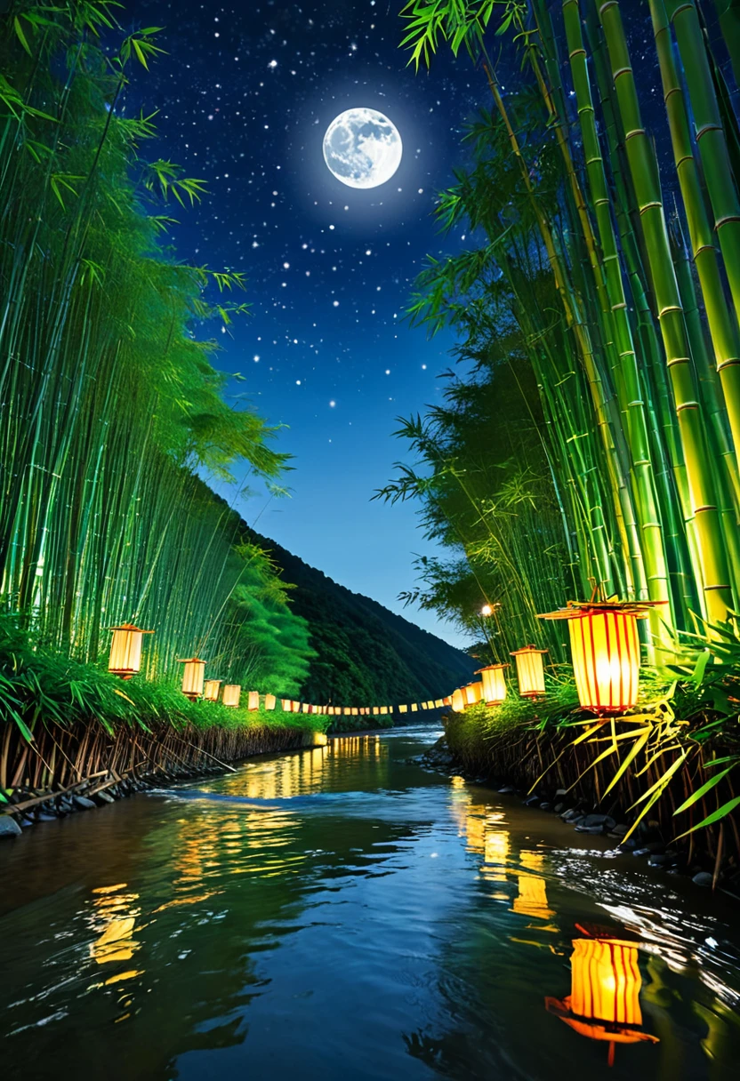 "Tanabata Night、Under the shining starry sky、Bamboos decorated with many strips of paper are swaying along the bank of a stream surrounded by bamboo forest.。Colorful wishes are written on the strips of paper.、The sound of bamboo rustling in the wind brightens up the quiet night。A small lantern floats on the river、A faint light reflects on the water。In the background、Distant Mountain々And the full moon appeared、It creates a romantic atmosphere。"