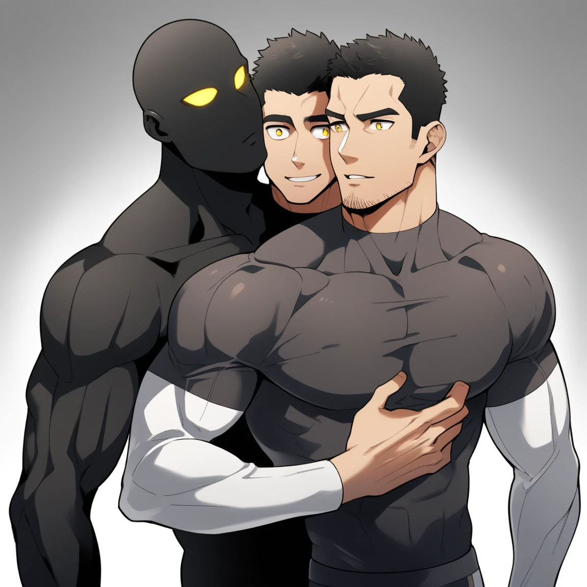 anime characters:Two superheroes in tights, Muscle Sports Student and Muscle No Face skinhead superhero, No Face,negro black skin, They hugged and kissed each other, Bite your neck, Caress, Manliness, male focus, Yellow and black high collar long sleeve tight T-shirt, Slightly transparent material, Very tight, Round, full and perky chest muscles, Muscle waist, Slightly transparent, muscular male, muscular, only, Upper body, alone, Black short hair, Thick eyebrows, stubble, Yellow eyes, Grey background, simple background, amazing quality, best aesthetics, Ridiculous, bright pupils, crew cut, parted lips, seductive smile, torogao, naughty face, drop shadow, best quality