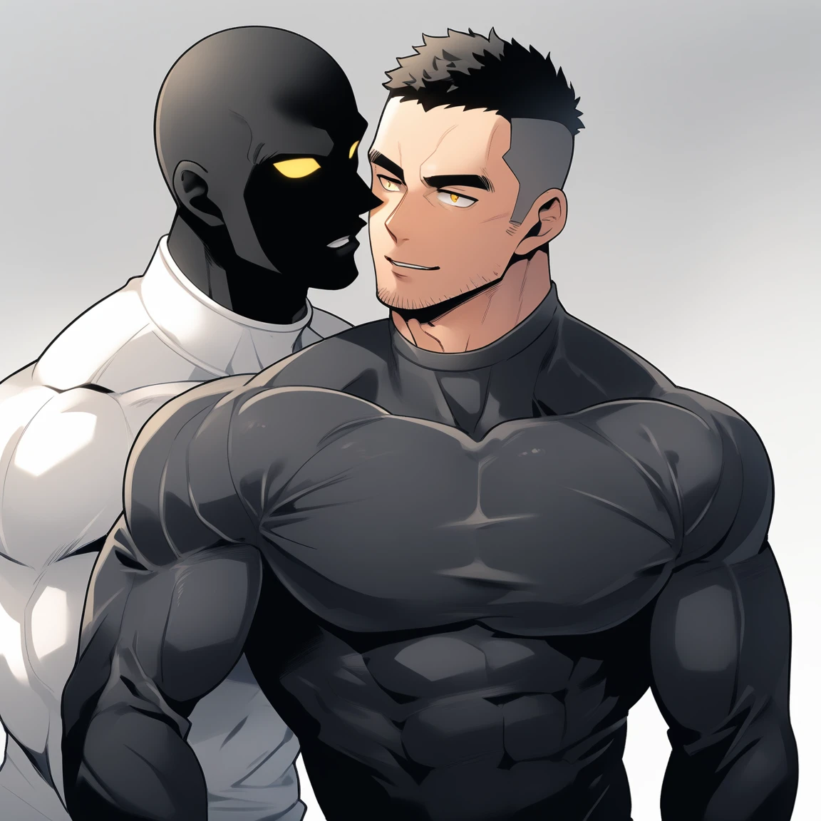 anime characters:Two superheroes in tights, Muscle Sports Student and Muscle No Face skinhead superhero, No Face,negro black skin, They hugged and kissed each other, Bite your neck, Caress, Manliness, male focus, Yellow and black high collar long sleeve tight T-shirt, Slightly transparent material, Very tight, Round, full and perky chest muscles, Muscle waist, Slightly transparent, muscular male, muscular, only, Upper body, alone, Black short hair, Thick eyebrows, stubble, Yellow eyes, Grey background, simple background, amazing quality, best aesthetics, Ridiculous, bright pupils, crew cut, parted lips, seductive smile, torogao, naughty face, drop shadow, best quality