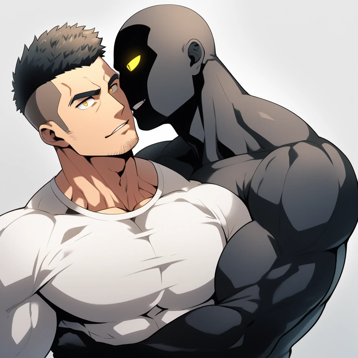 anime characters：Two superheroes in tights, Muscle Sports Student and Muscle No Face skinhead superhero, No Face，negro black skin, They hugged and kissed each other, Bite your neck, Caress, Manliness, male focus, Yellow and black high collar long sleeve tight T-shirt, Slightly transparent material, Very tight, Round, full and perky chest muscles, Muscle waist, Slightly transparent, muscular male, muscular, only, Upper body, alone, Black short hair, Thick eyebrows, stubble, Yellow eyes, Grey background, simple background, amazing quality, best aesthetics, Ridiculous, bright pupils, crew cut, parted lips, seductive smile, torogao, naughty face, drop shadow, best quality