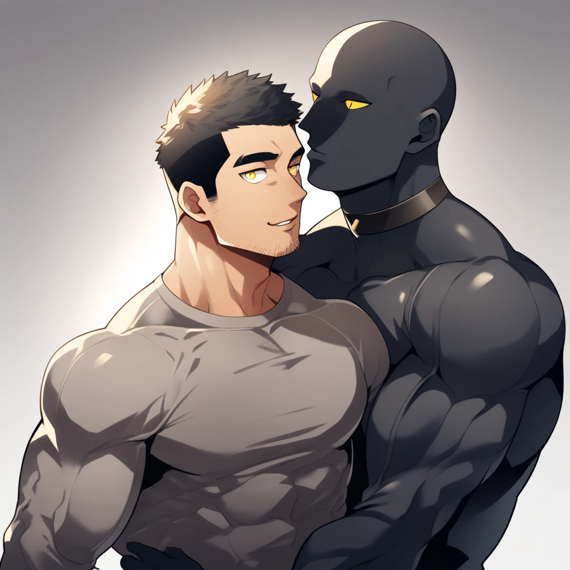 anime characters：Two superheroes in tights, Muscle Sports Student and Muscle No Face skinhead superhero, No Face，negro black skin, They hugged and kissed each other, Bite your neck, Caress, Manliness, male focus, Yellow and black high collar long sleeve tight T-shirt, Slightly transparent material, Very tight, Round, full and perky chest muscles, Muscle waist, Slightly transparent, muscular male, muscular, only, Upper body, alone, Black short hair, Thick eyebrows, stubble, Yellow eyes, Grey background, simple background, amazing quality, best aesthetics, Ridiculous, bright pupils, crew cut, parted lips, seductive smile, torogao, naughty face, drop shadow, best quality