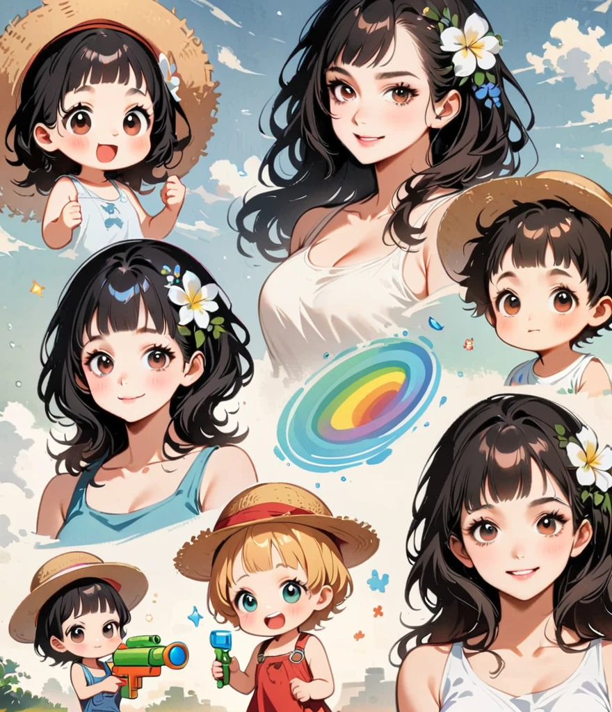 rainbow、Straw hat、one piece20older sister、Draw a rainbow with a blue sky background、Short black hair、older sister、Play with a water gun、Gardenia flowers、large white flowers、Cartoon style character design,1 Girl, alone,Big eyes,Cute expression,Tank top、interesting,interesting,Clean Lines