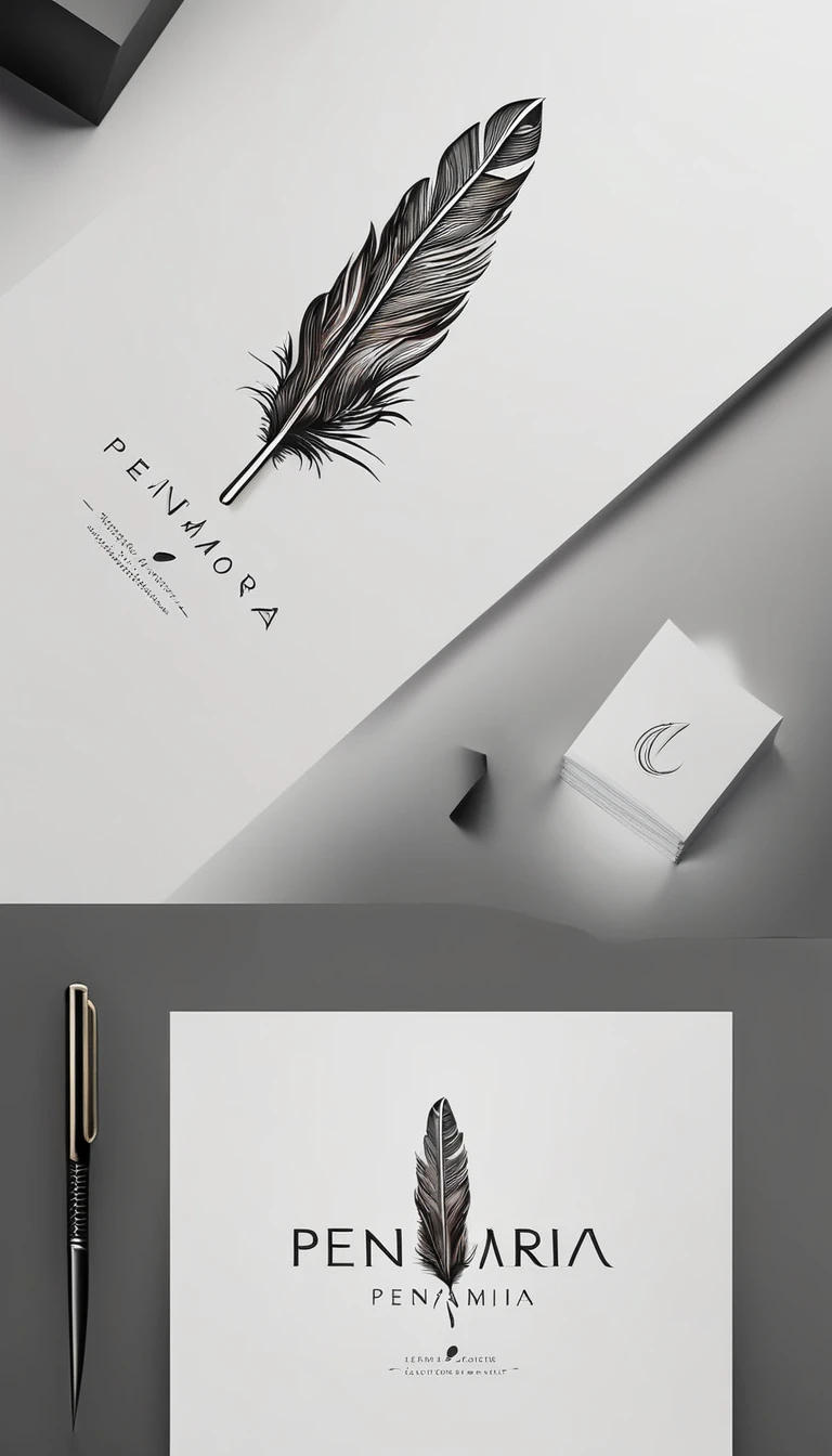 A minimal, modern, simple, cinematic logo design for the brand “Penamemoria". Create a modern, minimalistic, high-quality, logo of a feather with memories. The logo must be a symbol for dreams, stories, memories, music and imagination.