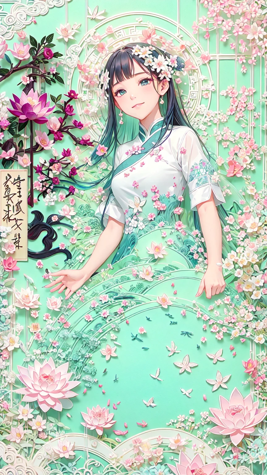 (The art of math)，Mountain, Trees, river，Flowers，lotus，1 girl, Black Hair, Smile,Exquisite cheongsam,Beautiful hair accessories,(Oriental elements, Chinese colors, Advanced color matching),  (3D Sculpture，Octane Rendering，Volumetric Light，自然柔和的light，), (Ultra-delicate:1.2, Loss of focus:1.2, colorful, light, Chiaroscuro,Ray Tracing), masterpiece, Super rich,Very detailed,8K