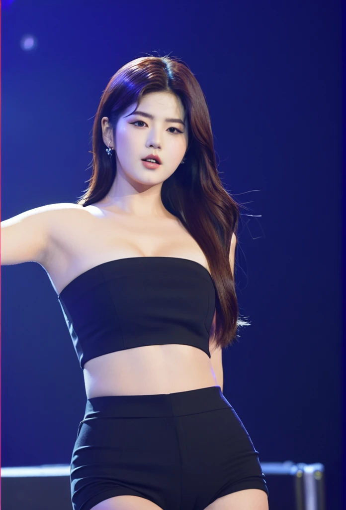 close-up of beautiful South Korean, Kwon Eunbi is a South Korean singer and actress, age 28 years old girl, youthful face, perfect body, white body skin, very long hair, black hair, straight hair, 34 inches breasts size, wearing a plain standard black strapless tube top, wearing a tight plain standard black leggings, Eunbi holding breasts with her own two hands is very sexy and sigh, Eunbi squeezes the breasts very seductively, Eunbi lowered her strapless tube top a little bit, Eunbi does dance moves very sighing and seductive, the dance that Eunbi does is very sexy and seductive, ((Eunbi performed a very sexy and seductive dance in front of the audience)), ((Eunbi gets horny when doing a seductive dance)), sexy looking pose, pose a naughty look, pose looks seductive, at the concert stage area place, concert stage area place background, UHD