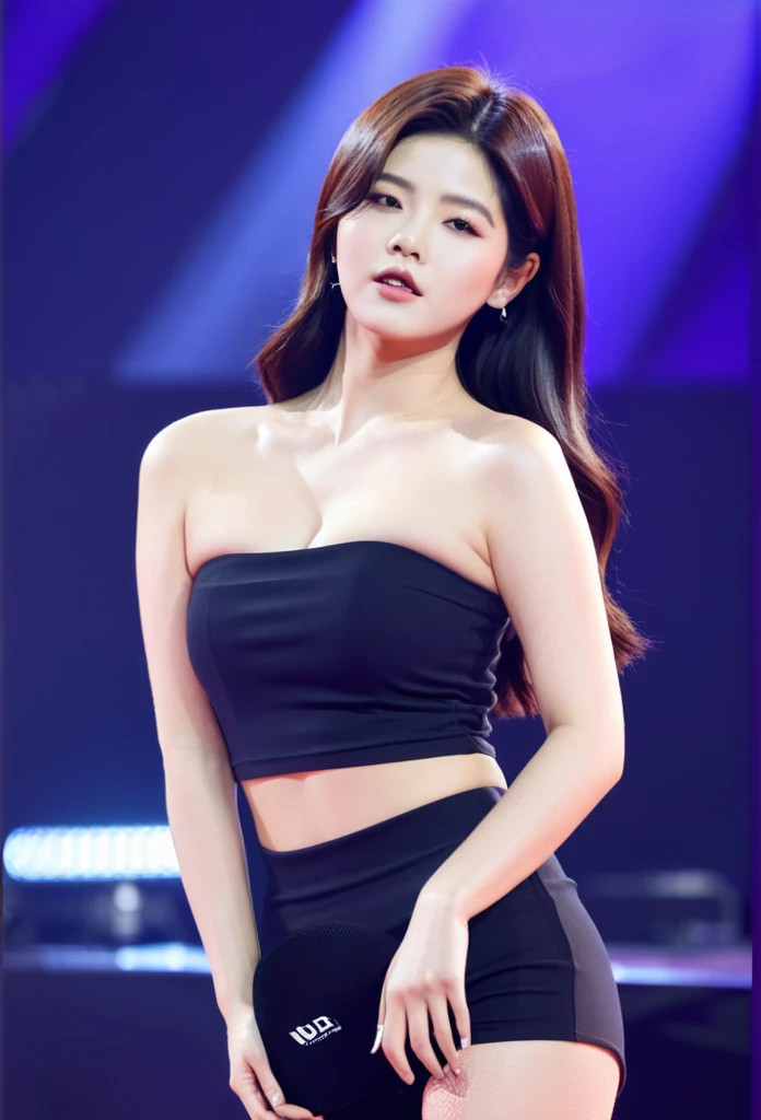 close-up of beautiful South Korean, Kwon Eunbi is a South Korean singer and actress, age 28 years old girl, youthful face, perfect body, white body skin, very long hair, black hair, straight hair, 34 inches breasts size, wearing a plain standard black strapless tube top, wearing a tight plain standard black leggings, Eunbi holding breasts with her own two hands is very sexy and sigh, Eunbi squeezes the breasts very seductively, Eunbi lowered her strapless tube top a little bit, Eunbi does dance moves very sighing and seductive, the dance that Eunbi does is very sexy and seductive, ((Eunbi performed a very sexy and seductive dance in front of the audience)), ((Eunbi gets horny when doing a seductive dance)), sexy looking pose, pose a naughty look, pose looks seductive, at the concert stage area place, concert stage area place background, UHD