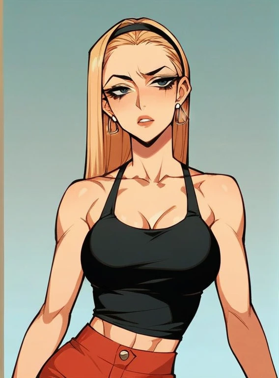 Score_9, score_8_up, score_7_up, rating_safe, adult woman, tight black cami tank top:1.2, very pale skin, earrings, long blonde hair, hairband, black makeup, red shorts, source_anime