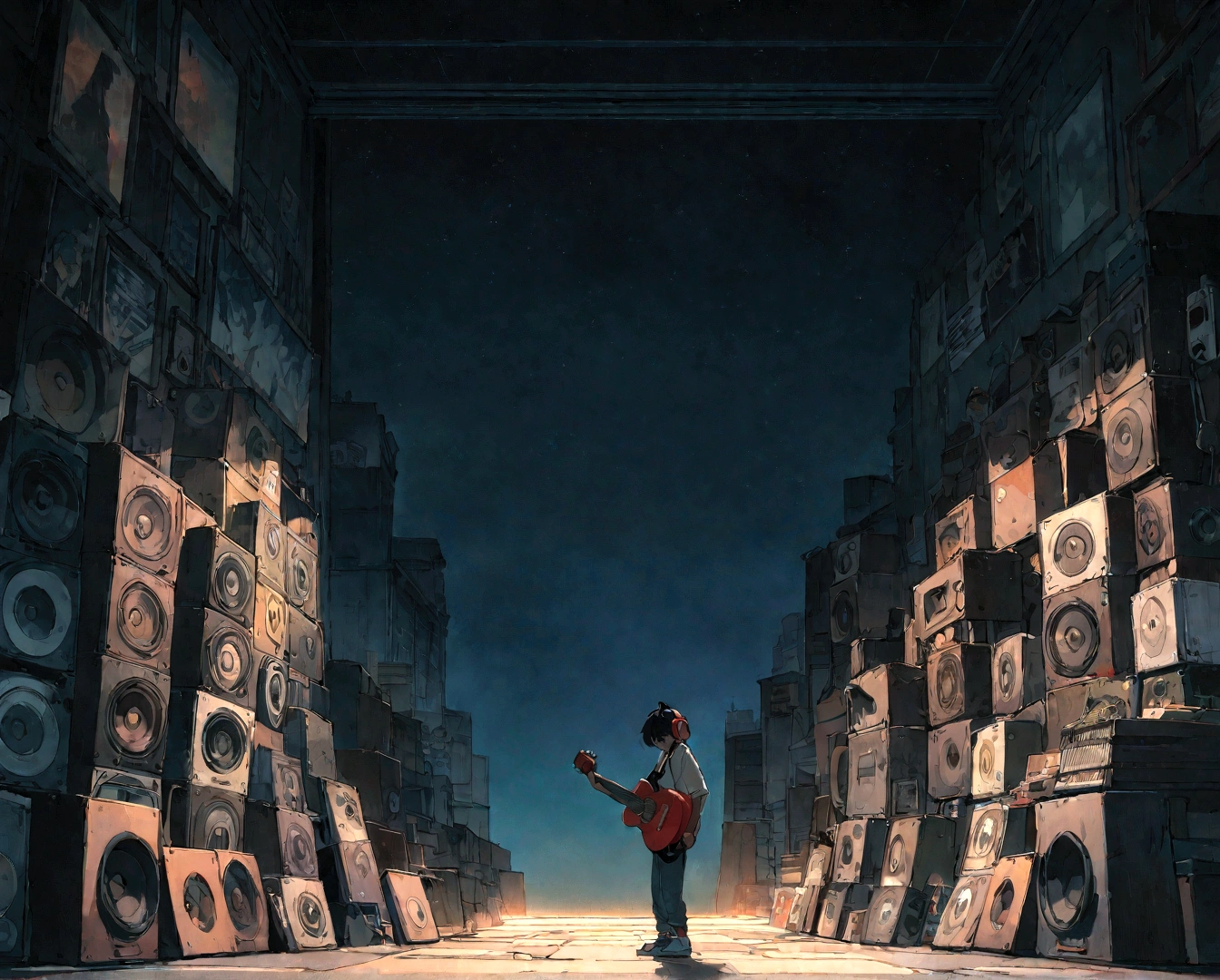Boy wearing headphones and listening to music, Super detailed, evening, Sad mood, Bright light coming through the window, Night Scenery, , 2D, (Shot from a distance), Wide Shot, (Noise from the film), Old cartoons, (Many records: 1.3), Vinyl record store, (masterpiece, Very high quality, Very high quality, Official Art, beautifully、aesthetic: 1.2), (Very detailed, (Fractal Art: 1.4 ), guitar, (Note: 1.4), (Lo-fi hip hop), Side view, Old Anime Texture, alone, Speaker