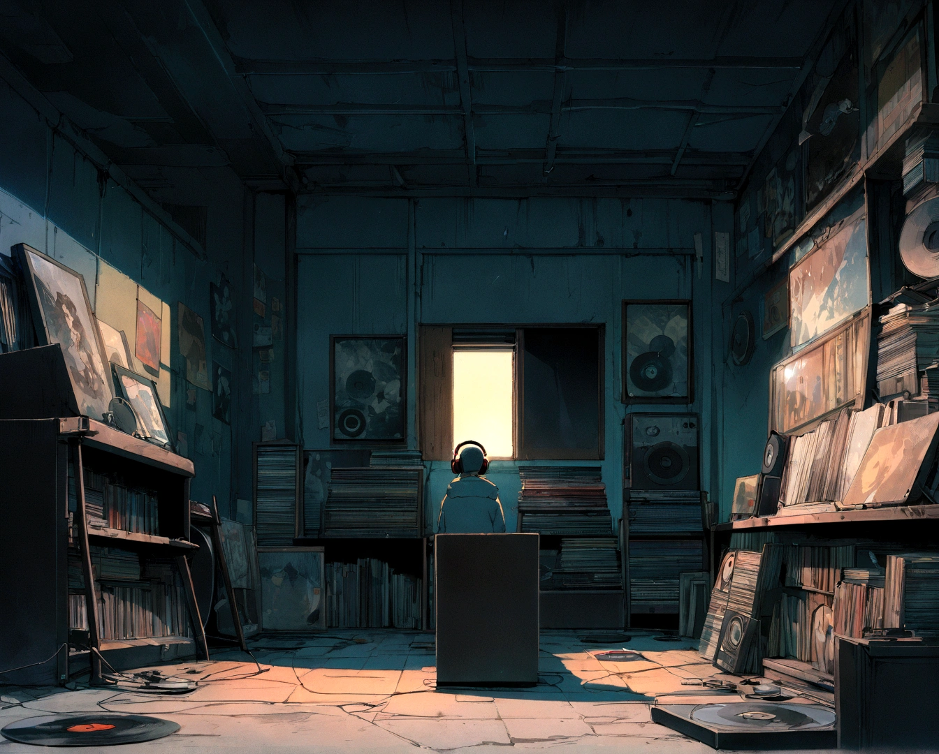 Boy wearing headphones and listening to music, Super detailed, evening, Sad mood, Bright light coming through the window, Night Scenery, , 2D, (Shot from a distance), Wide Shot, (Noise from the film), Old cartoons, (Many records: 1.3), Vinyl record store, (masterpiece, Very high quality, Very high quality, Official Art, beautifully、aesthetic: 1.2), (Very detailed, (Fractal Art: 1.4 ), guitar, (Note: 1.4), (Lo-fi hip hop), Side view, Old Anime Texture, alone, Speaker