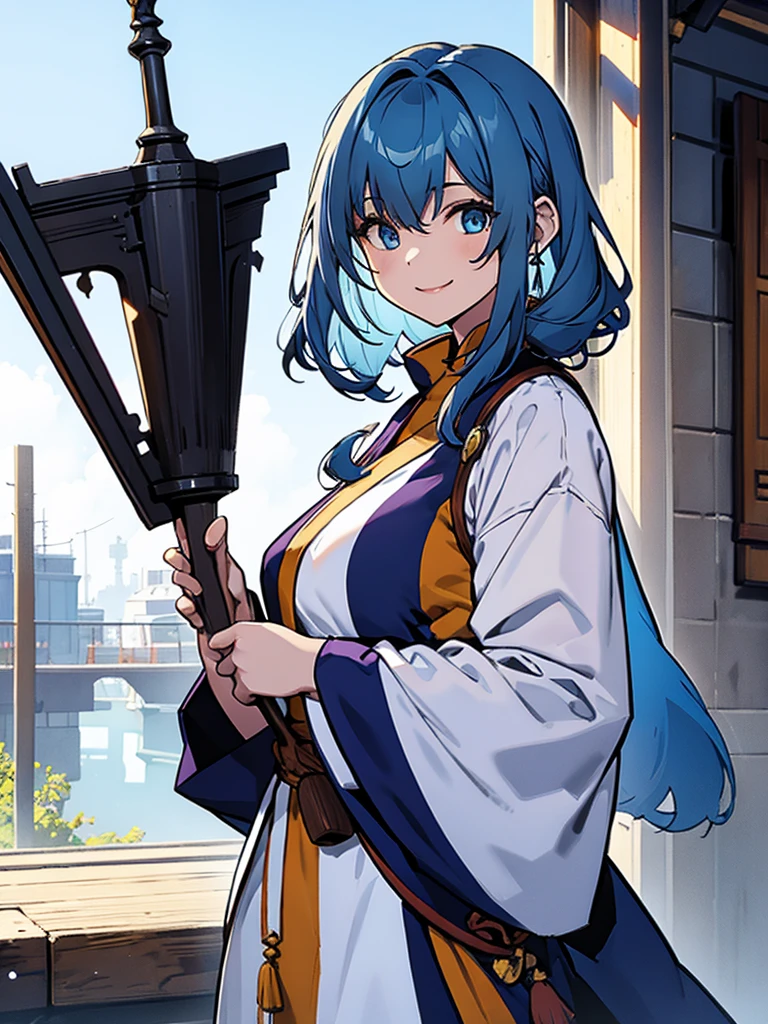 Girl, monk, blue hair, long straight hair, white clothes, monk's staff, smiling