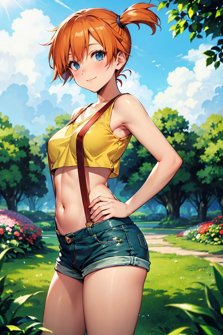 from side, belowview,,Dutchangle,soro focus.,(upperbody:1),(,best quality, ultra detailed),superfineillustration,anime studio,highly detailed, (detailed background, complex background:1.2), (perfect face, detailed face), full-face blush, (smile, happy), (milf, mature girl) misty_(pokemon), short hair,side ponytail, looking at viewer, smile, blush, navel, shorts, blue eyes, (suspenders), shirt, crop top,beautiful abs,(beautiful under_boob), midriff, short shorts, medium breasts,(beautiful body),(skiny skin).(). (outdoors, garden, thighs,standing),depth of field,(professional lighting,cinematic lighting,lens flare.beautifully lit),(hands on hips) ,misty_(pokemon),