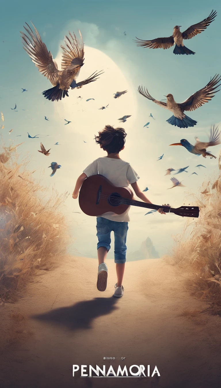 Create a professional, fantastic, cinematic Youtube Banner for a brand about music and stories called " Penamemoria". Masterpiece, 4k, sharp focus, highest quality,wide shot. The title is " Penamemoria". Is a brand about the creative, unique journey of a boy into becoming a musician storyteller. In his journey he finds inspiration in a world of birds and feathers. Minimalistic, simple, poetic, dreamy logotype at the center of the image. The Background image is a world full of fantastic feathers, unique birds, light blue sky, and a boy running happily into the horizon with an acoustic guitar in his right hand. Boy running against the wind, almost simulating like he is flying