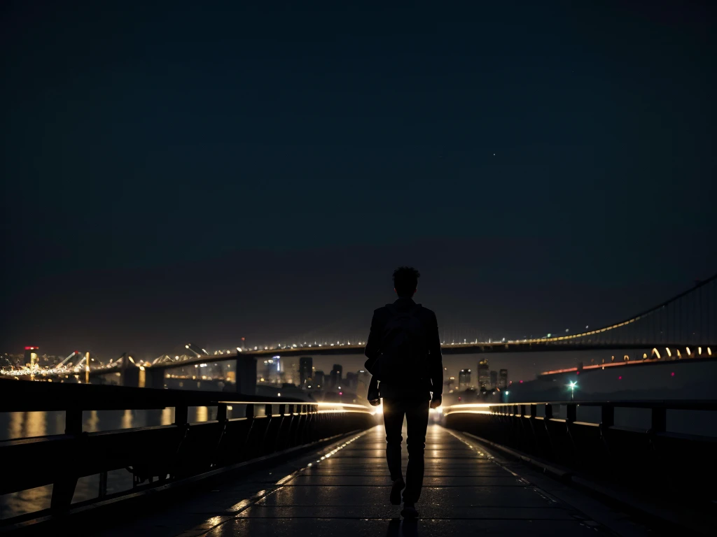 silhouette of man walking on a bridge with his back turned, at night and with the city in the background, watching how a person walks in the distance