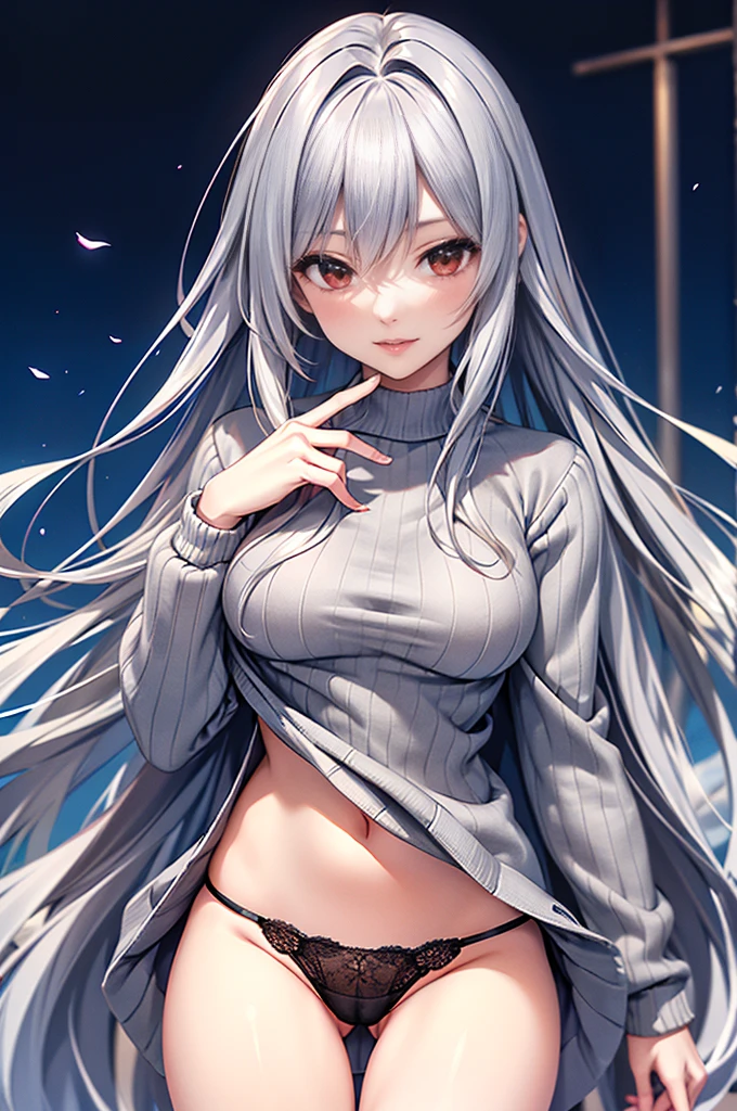 (Detailed face, Beautiful Eyes, 8K壁紙, Very detailed, beautifully、Beautiful appearance, 16K, 8K, 超High resolution, Soft lighting, Visual Key, High resolution, Highest quality, masterpiece, Digital Illustration, Only a perfectly Detailed face),(In the city, Background City), (software, full length), (Happy), ((Red eyes, 1 Girl )),(Gray Hair, Long Hair), sweater, lace thong, slender,