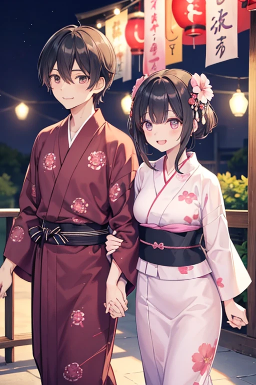 浴衣を着た大人のmalefemaleのカップル,laughing,A very happy smile,romantic,美しい場所で愛し合う会うmalefemaleの二人,Tanabata,Black Hair_male,Black yukata_male,Straight Hair_male,Dark Chestnut Hair_female,Pale pink yukata_female,Floral Yukata_female,Flower Hair Ornaments_female,Beautiful views,Two people holding hands,Walking,Summer festival,night