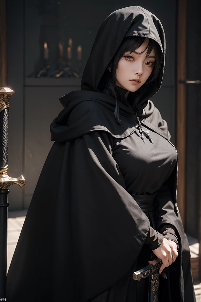 A middle-aged woman, with a black hooded cloak and a huge sword on his back, sat with a serious expression in the temple at nightPerfect details, frontal view, facing the camera, ultra-high definition, 32K, medium shot, anime style, 000068