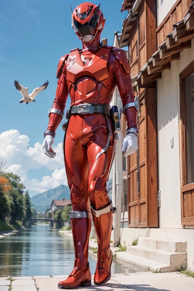 The sunset flies with the lonely geese in the distance, and the autumn river water and the vast sky are connected, icons,1boy, white, full body, Illustration, cinematic light, high resolution, best quality, ultra detailed, masterpiece, power suit, powerranger, suit, spd, (silver royal guard ranger suit), gold detail