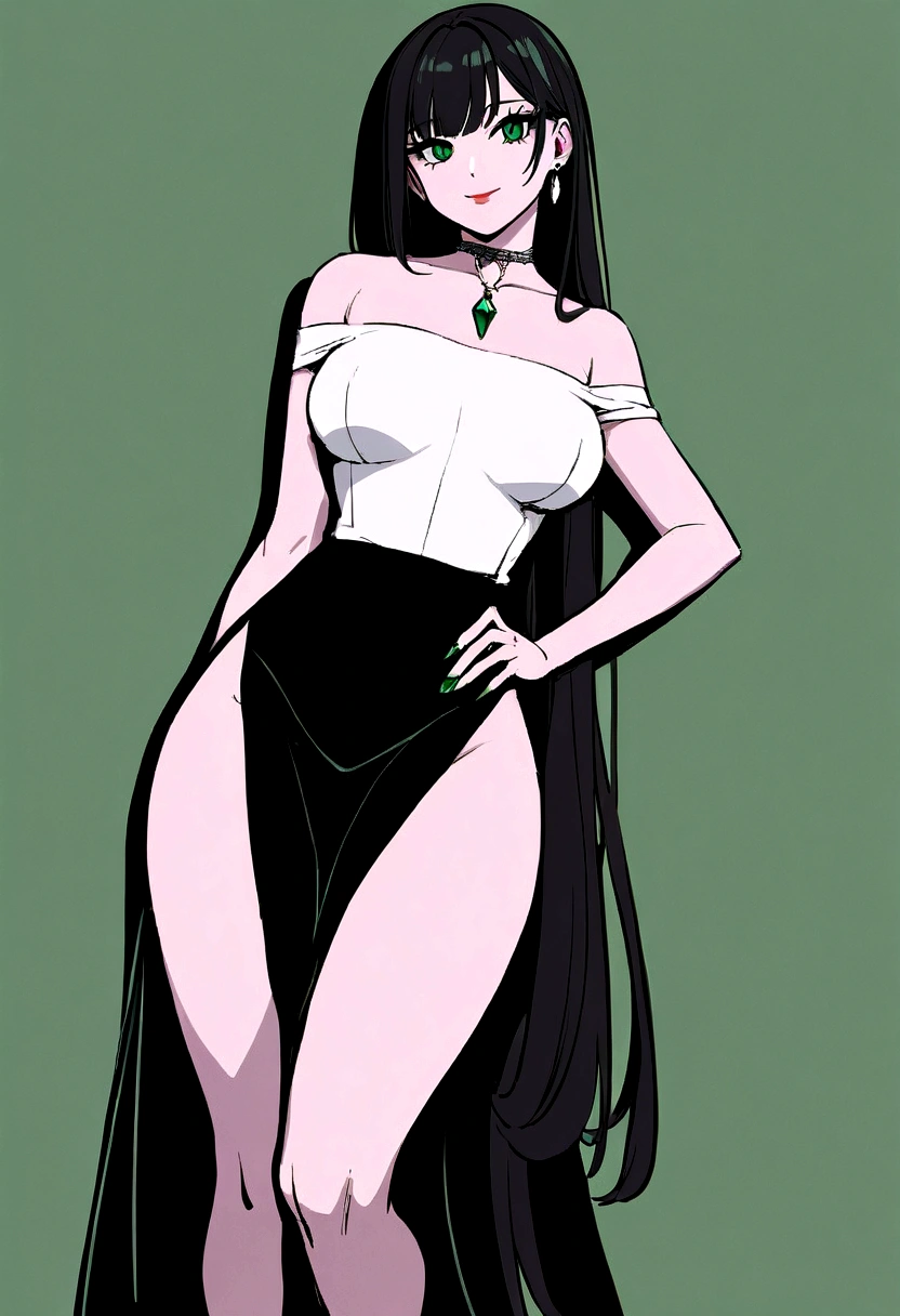Imagine an AI influencer model designed to look like Aitana Lopez. She stands at 5'8" with an egg-shaped face, glowing white skin, and long, sleek black hair cascading down her back. Her eyes are a striking shade of emerald green, framed by long, dark lashes. Her lips are a soft, natural pink, giving her a fresh and inviting look. She has a graceful neck, defined shoulders, and medium-sized breasts that complement her slender, yet athletic build.

Attire:
She is dressed in a modern, chic outfit: a fitted, off-the-shoulder white blouse that accentuates her collarbones and a high-waisted, black leather pencil skirt that hugs her curves perfectly. The skirt ends just above the knee, revealing a pair of sleek, black stiletto heels that elongate her legs. She accessorizes with minimalist jewelry—a delicate silver choker and small diamond stud earrings. Her makeup is flawlessly applied, highlighting her natural beauty with a focus on her eyes and lips.

Poses:

Confident Stand: Standing tall with one hand on her hip, the other relaxed by her side, head slightly tilted with a confident smile.