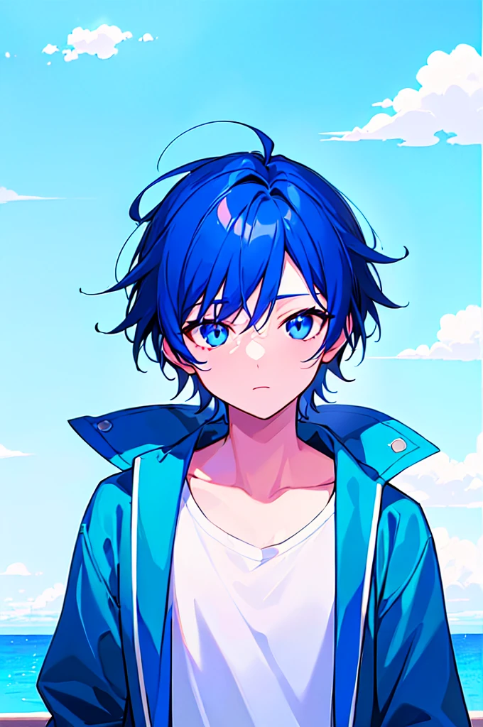 [(SKYBLUE BACKGROUND:1.5),::5], ((((masterpiece)))), high quality, ultra very high resolution, full color, (((solo))), ((little boy)), oriental deepBlue hair, (oriental deepblue eyes), anime, ((upper body)), Summer clothes, neon light, black parka, 