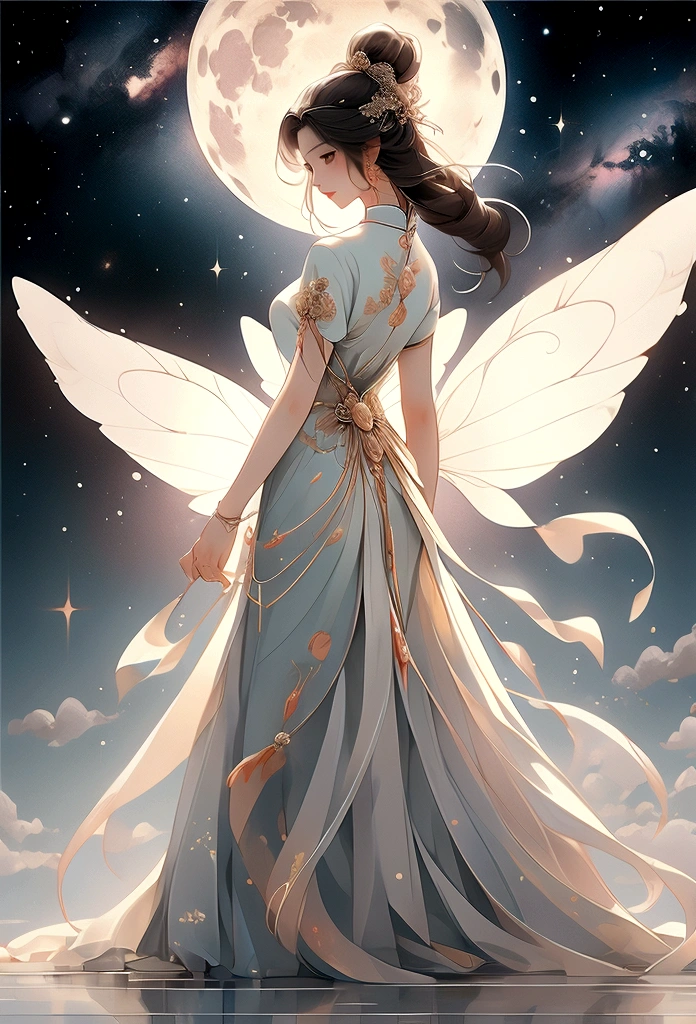 masterpiece, Highest quality: 1.4)， Detailed Background，Beautiful female fairy of ancient China、One female、Beautiful Face、Back view、Beautiful standing posture、Clouds at your feet、streamer，Gauze cloth，Floating in the air，Elevation angle of view，The Milky Way is amazing，The full moon is empty，