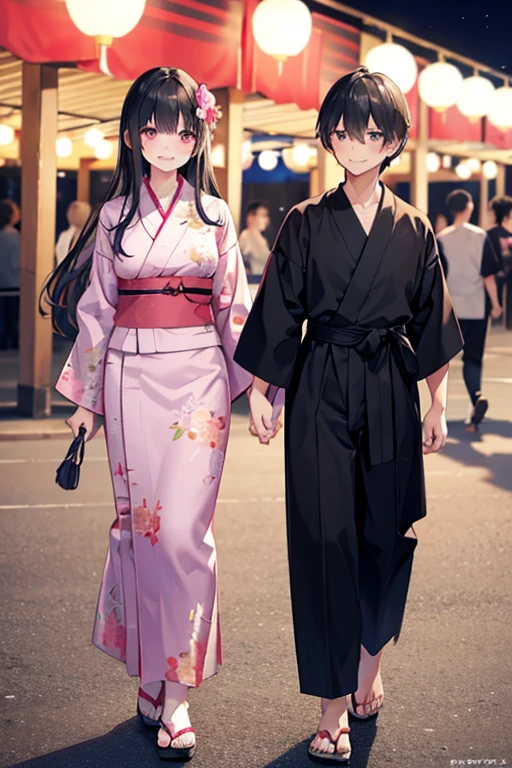 浴衣を着た大人のmalefemaleのカップル,laughing,A very happy smile,romantic,Two people meeting in love in a beautiful place,Tanabata,Black Hair_male,Black yukata_male,Straight Hair_male,Dark Chestnut Hair_female,Pale pink yukata_female,Floral Yukata_femaleの子,Flower Hair Ornaments_female,Beautiful views,手を繋いでいるmalefemale,Summer festival,night
