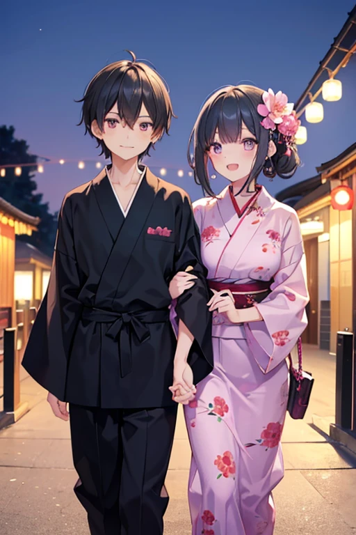 浴衣を着た大人のmalefemaleのカップル,laughing,A very happy smile,romantic,美しい場所で愛し合う会うmalefemaleの二人,Tanabata,Black Hair_male,Black yukata_male,Straight Hair_male,Dark Chestnut Hair_female,Pale pink yukata_female,Floral Yukata_female,Flower Hair Ornaments_female,Beautiful views,Two people holding hands,Walking,Summer festival,night