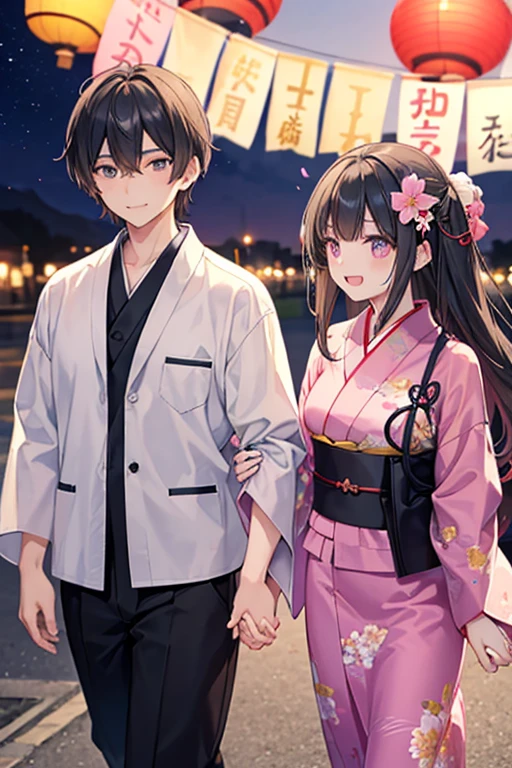 浴衣を着た大人のmalefemaleのカップル,laughing,A very happy smile,romantic,Two people meeting in love in a beautiful place,Tanabata,Black Hair_male,Black yukata_male,Straight Hair_male,Dark Chestnut Hair_female,Pale pink yukata_female,Floral Yukata_femaleの子,Flower Hair Ornaments_female,Beautiful views,手を繋いでいるmalefemale,Summer festival,night